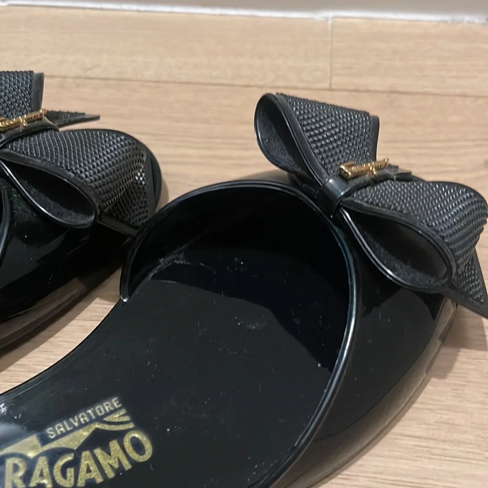 Salvatore Ferragamo Black Patent Bow Flats
